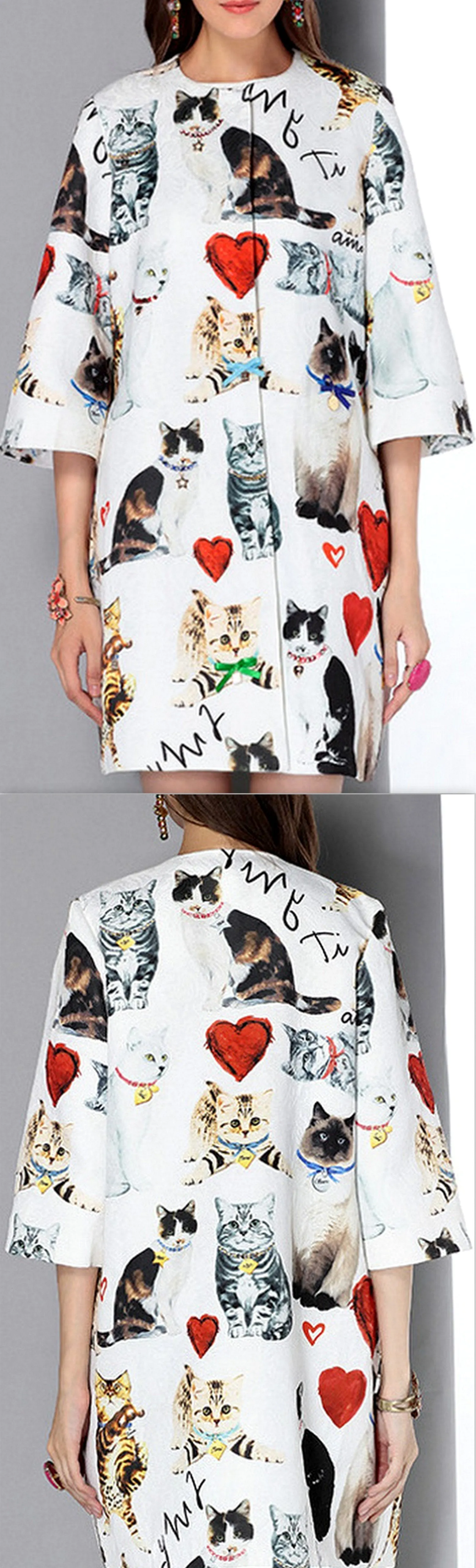 Cat & Heart Print Half-Sleeve Coat
