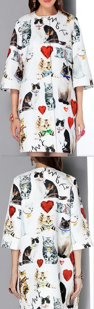 Cat & Heart Print Half-Sleeve Coat