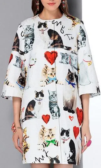 Cat & Heart Print Half-Sleeve Coat