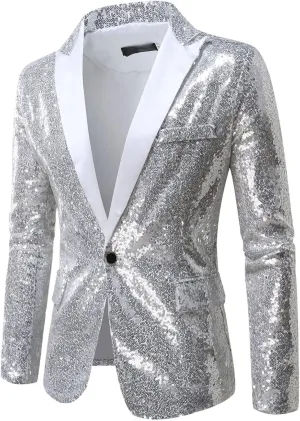 Mens Blazers Slim Fit Business Casual Men Shiny Sequin Blazers Tuxedo Party Dinner Prom One Button Suit Jacket Two