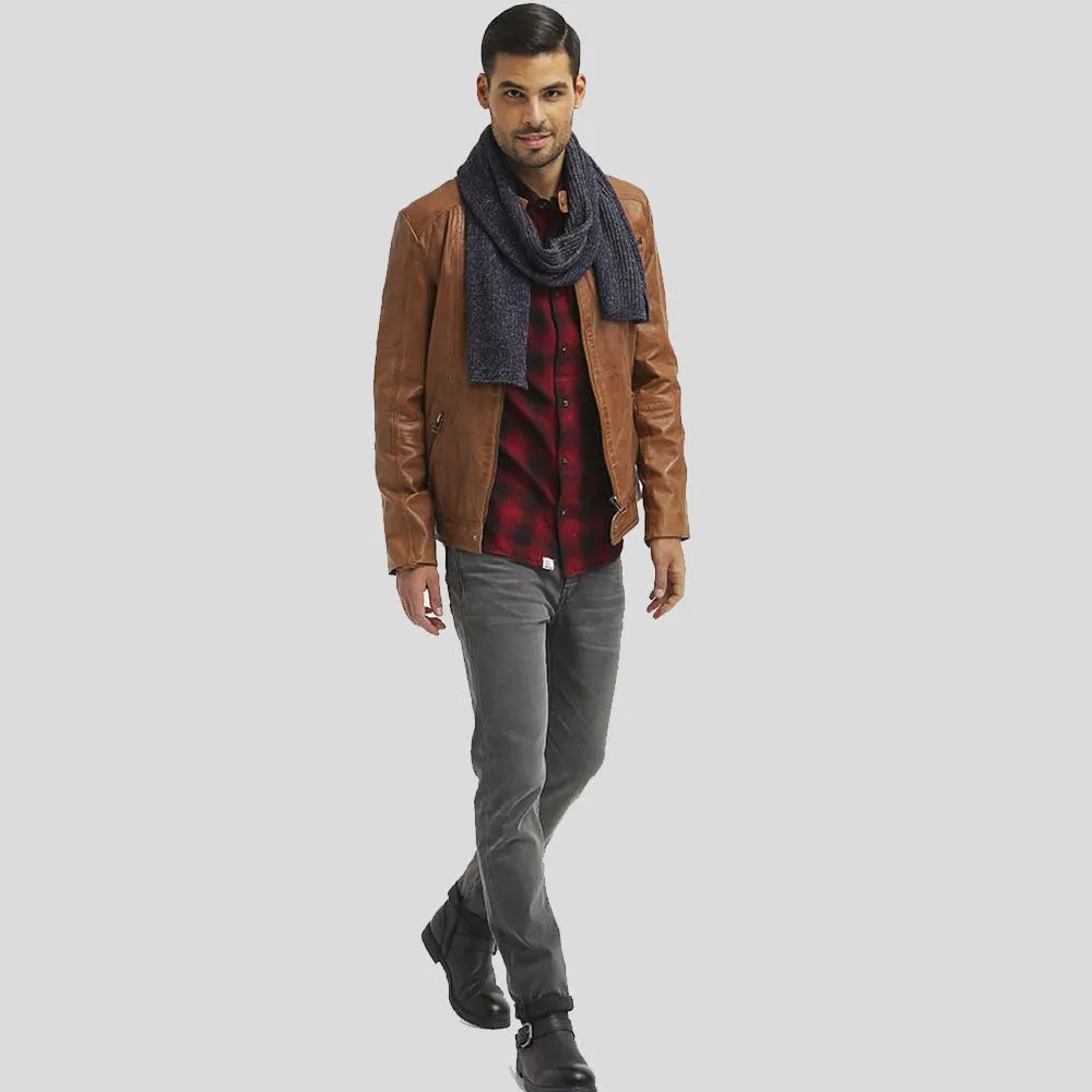 Ricardi Brown Leather Racer Jacket