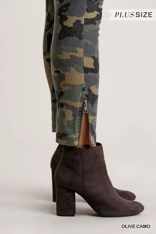 Umgee Green Camo Slim Leg Plus Pants With Zipper Detail