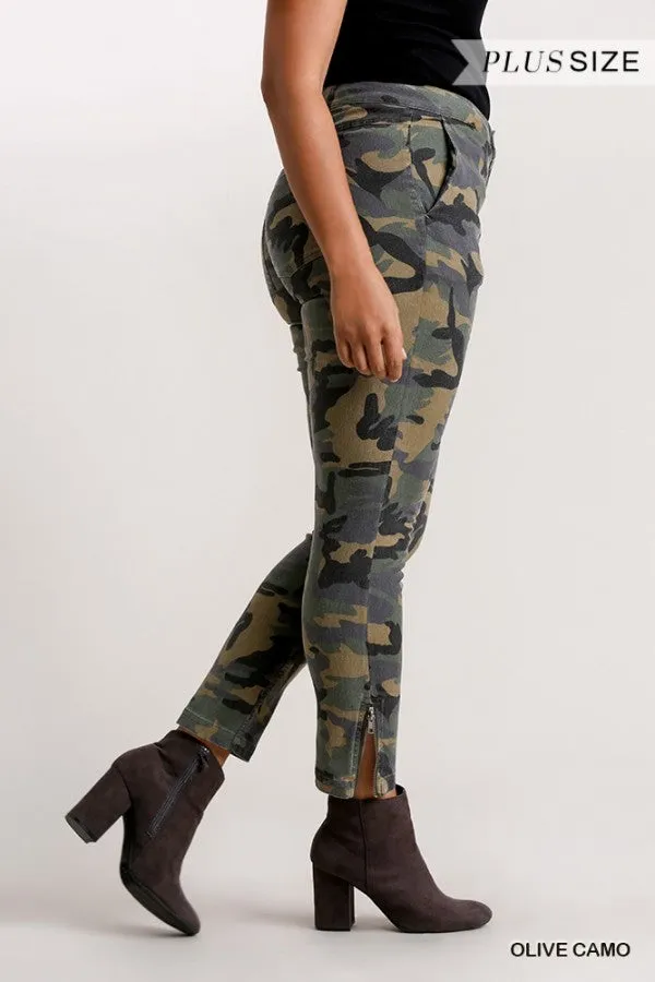Umgee Green Camo Slim Leg Plus Pants With Zipper Detail