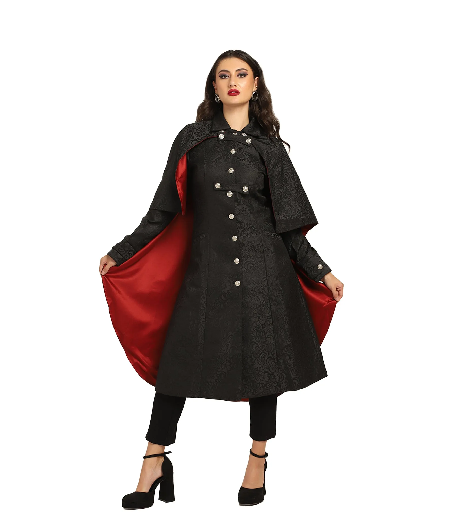 Vampire's Black Brocade Cape with Red Satin Lining