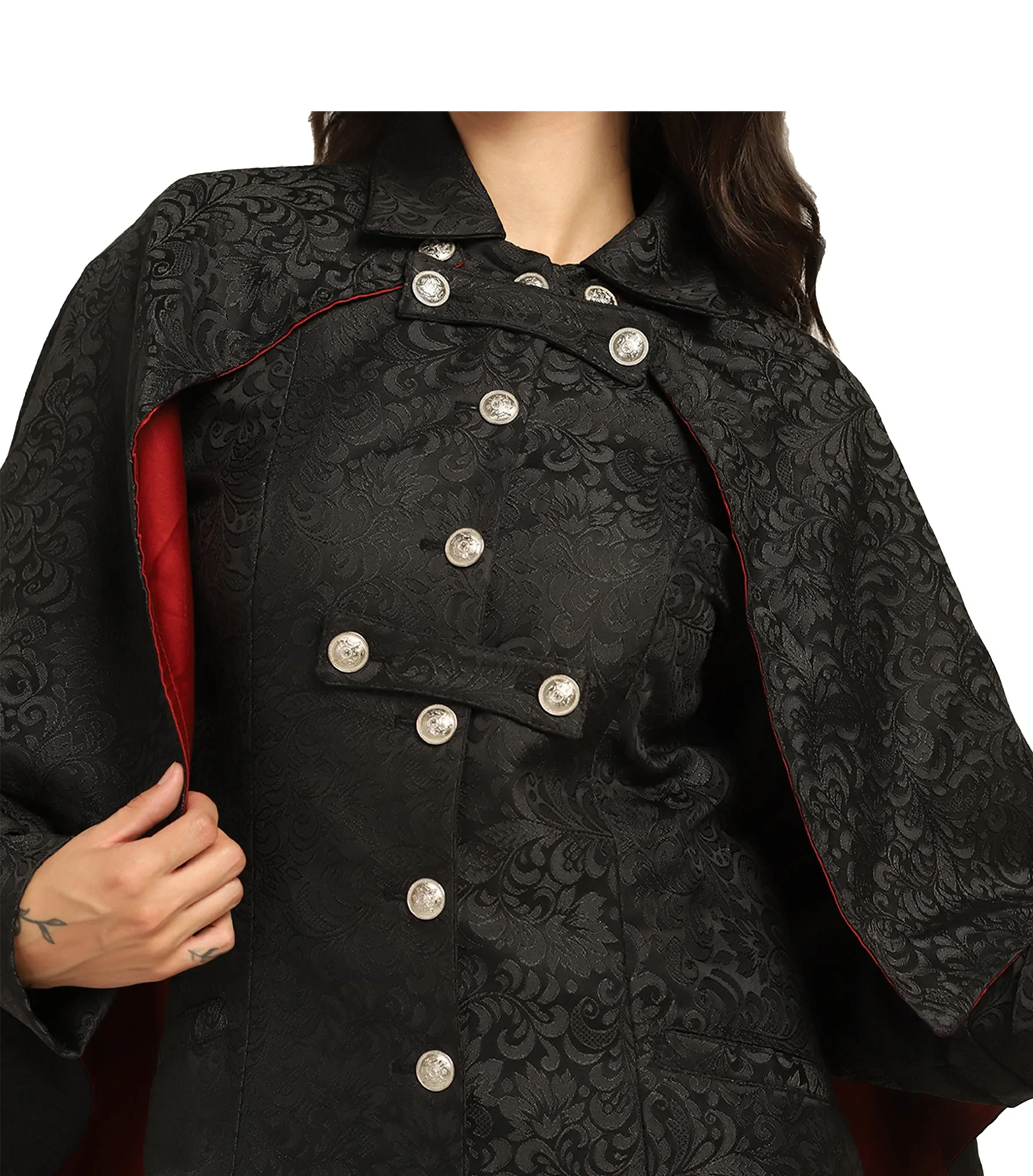 Vampire's Black Brocade Cape with Red Satin Lining