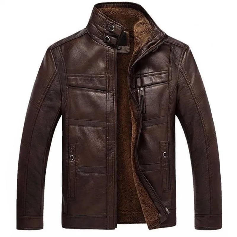 West Louis PU Leather Plus Velvet Stand Collar Jacket