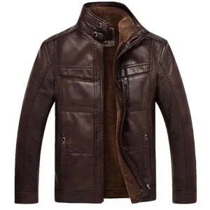 West Louis PU Leather Plus Velvet Stand Collar Jacket