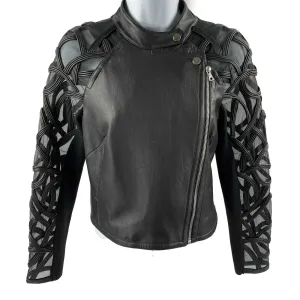 Yigal Azroul - Sheer Embroidered Black Leather Moto Jacket - 2 / XS