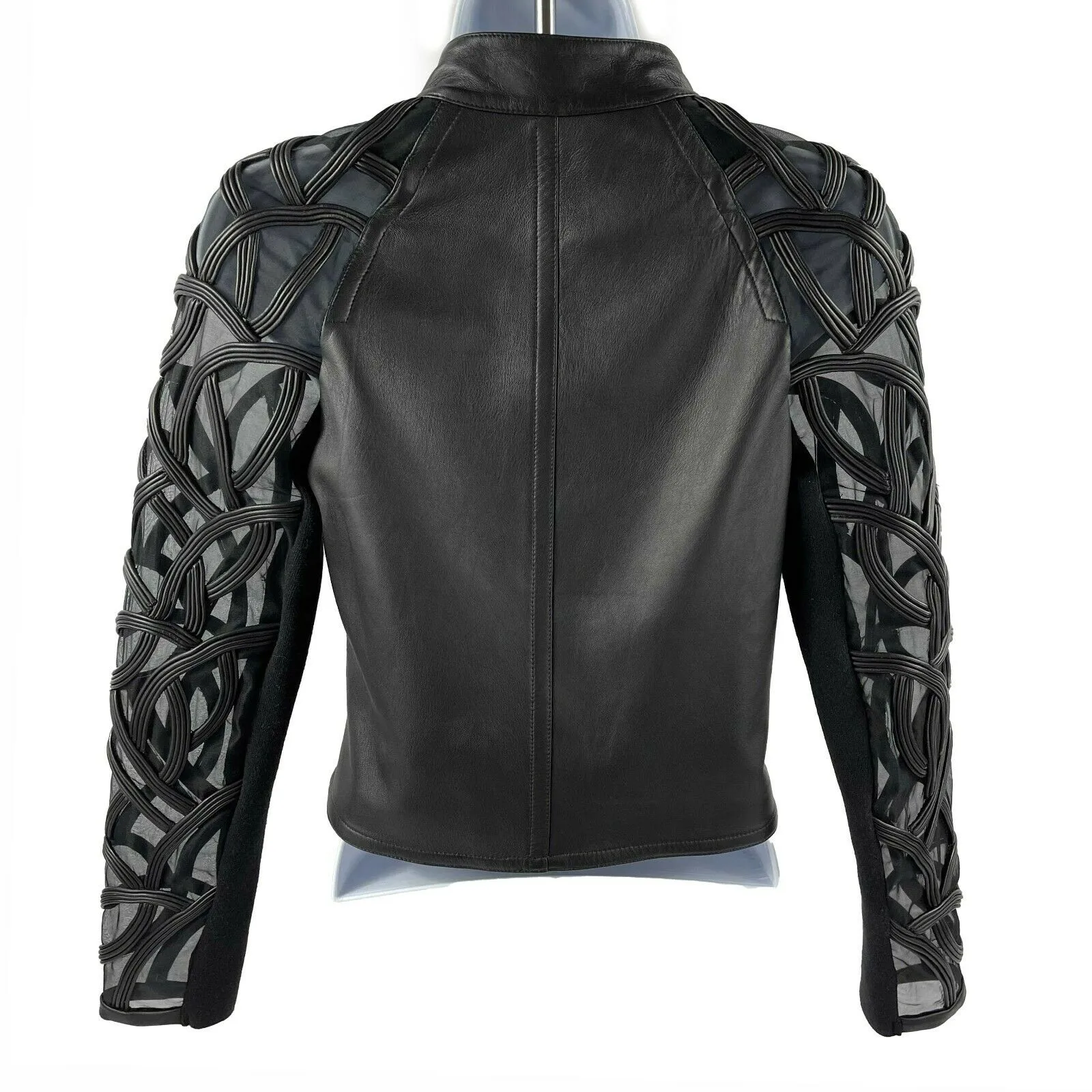 Yigal Azroul - Sheer Embroidered Black Leather Moto Jacket - 2 / XS