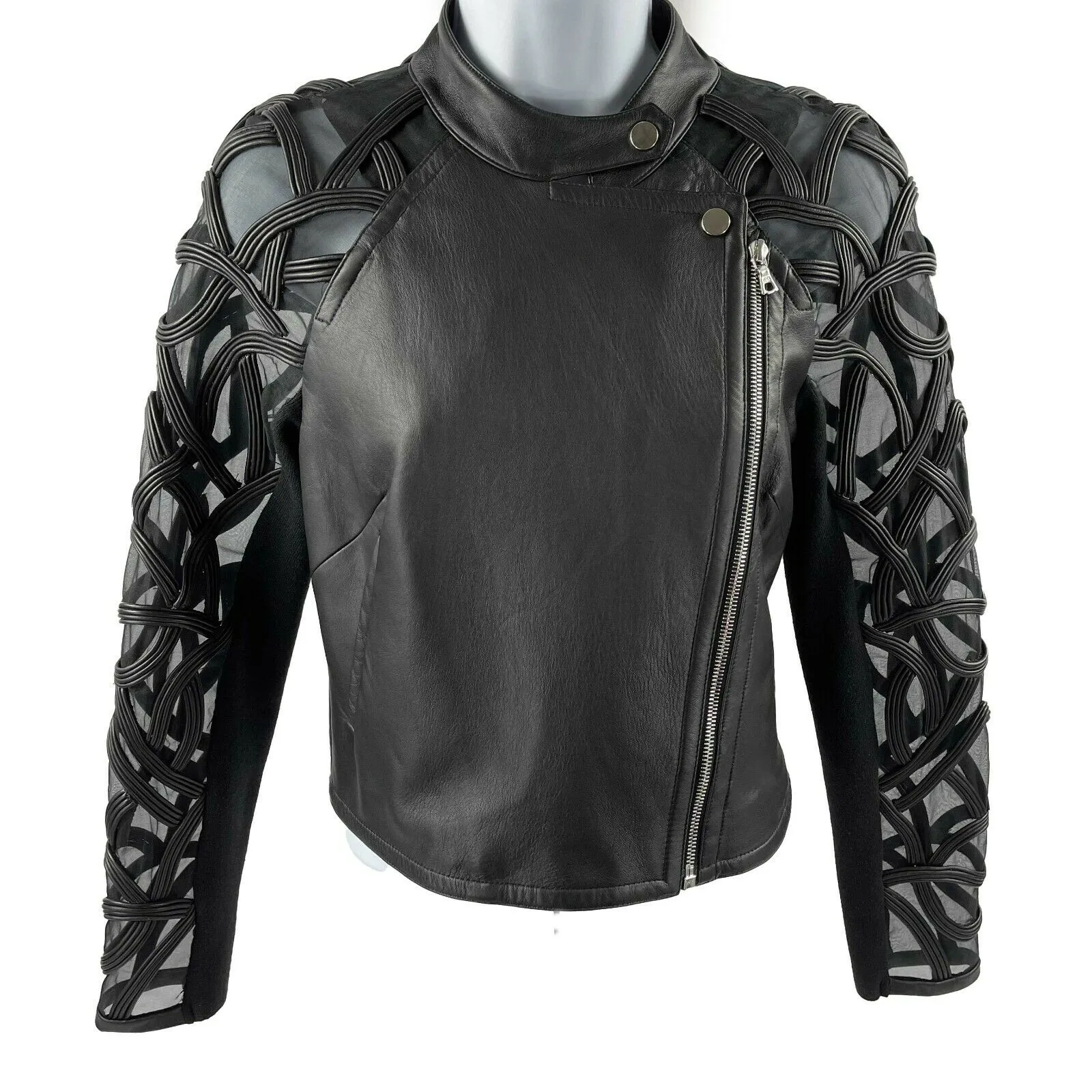 Yigal Azroul - Sheer Embroidered Black Leather Moto Jacket - 2 / XS