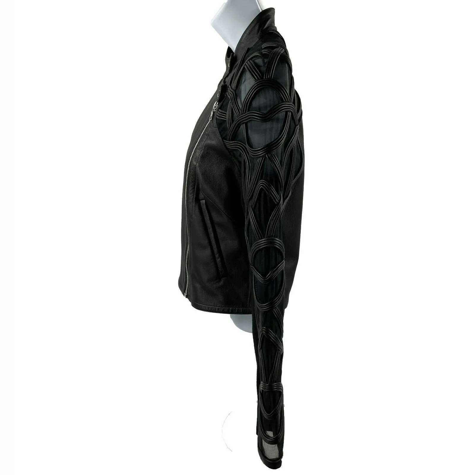 Yigal Azroul - Sheer Embroidered Black Leather Moto Jacket - 2 / XS