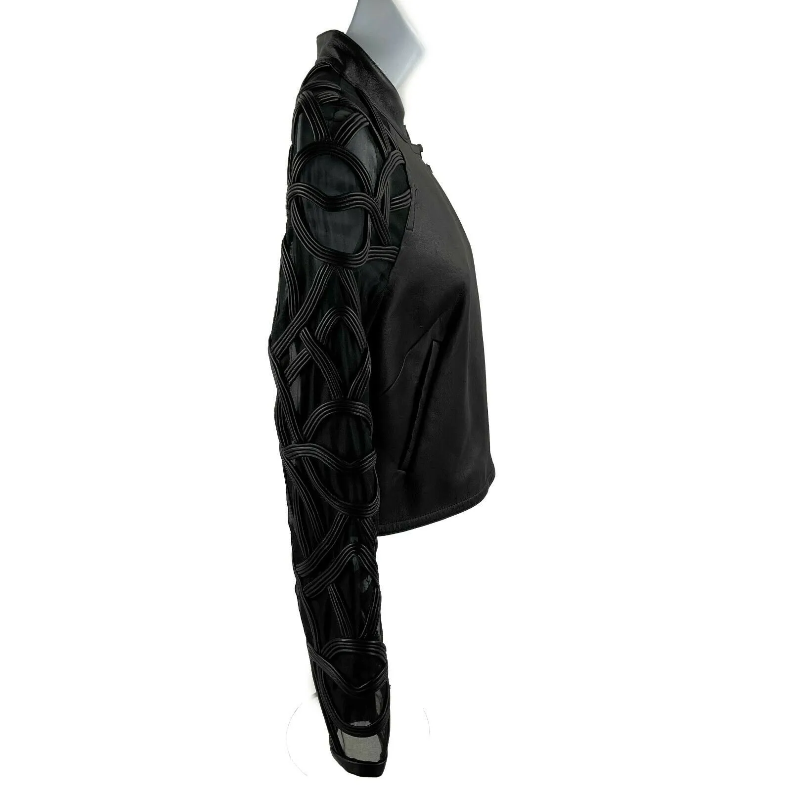 Yigal Azroul - Sheer Embroidered Black Leather Moto Jacket - 2 / XS