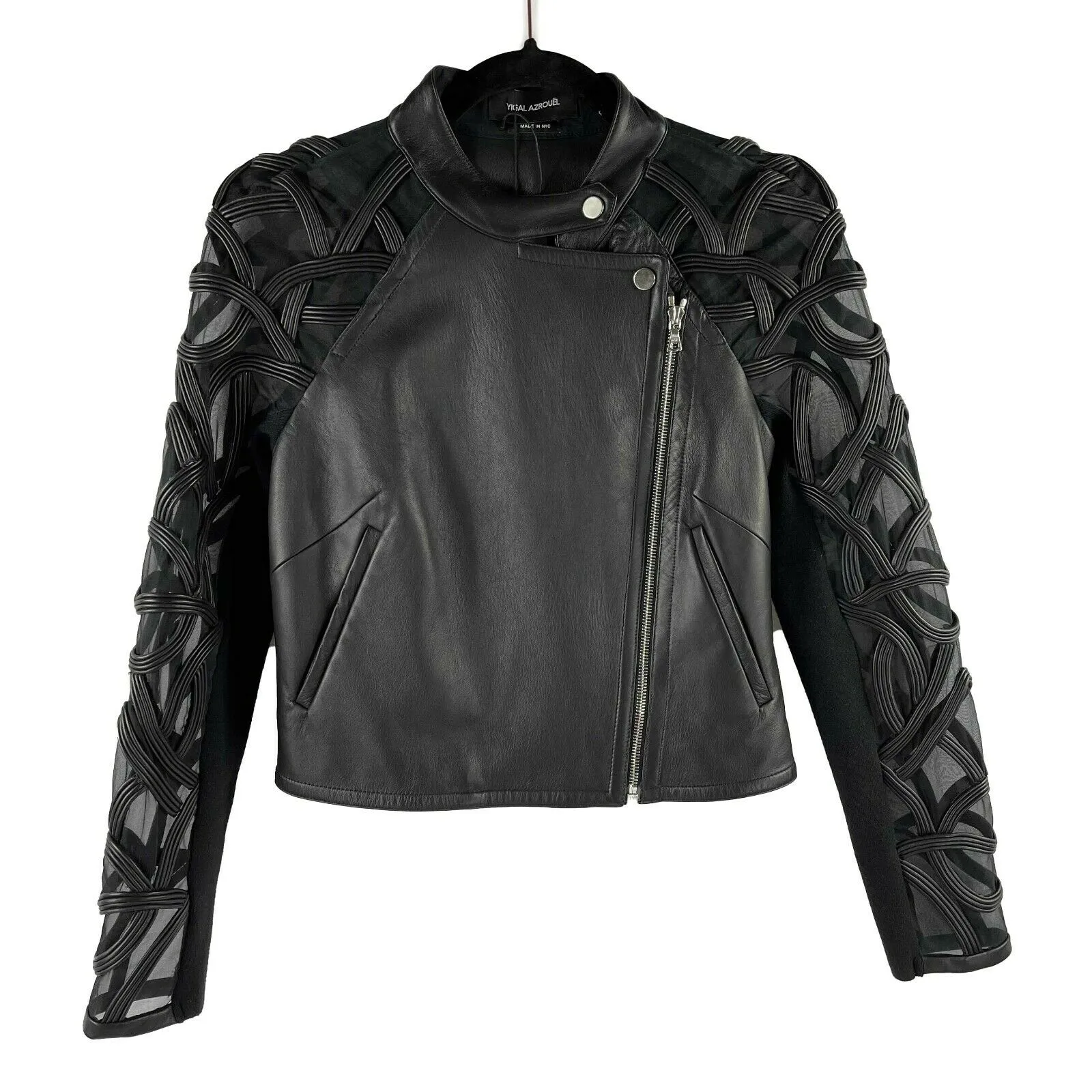 Yigal Azroul - Sheer Embroidered Black Leather Moto Jacket - 2 / XS